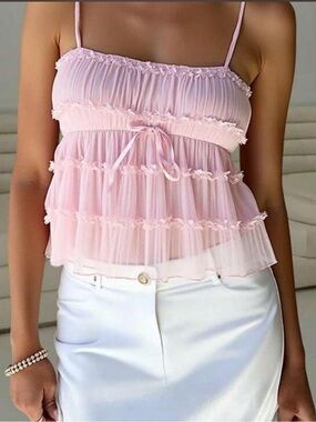 Sheer Ruffle Spaghetti-Strap Cami in Pale Pink